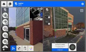 Autodesk recap pro interface displaying 3D laser scanning for construction, showing a scanned building model with various tool options