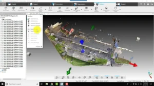 A point cloud rendering of an outdoor construction site using 3D laser scanning technology in FARO Scene software