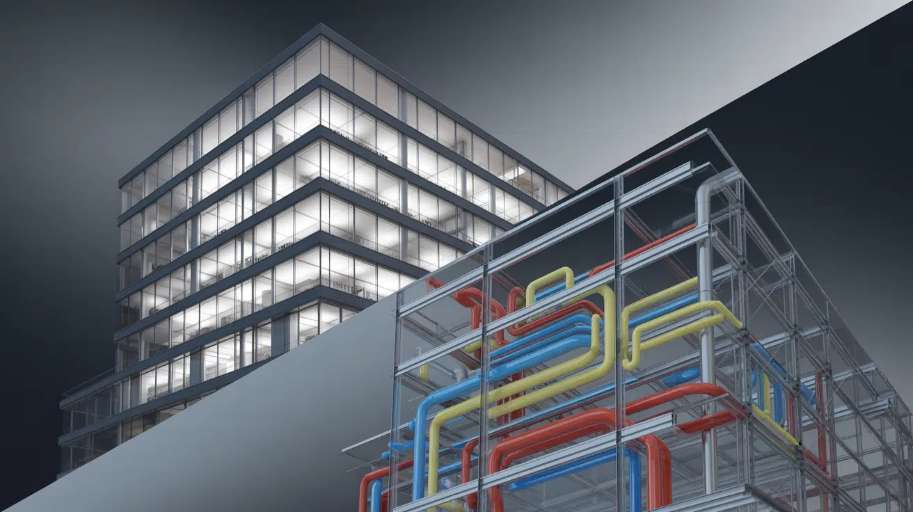 BIM for MEP visualization showing 3D model of a building with detailed mechanical, electrical, and plumbing systems